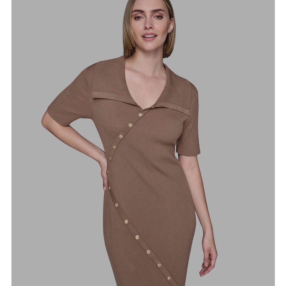 Karl Lagerfeld Tan Button-Accent Midi Dress